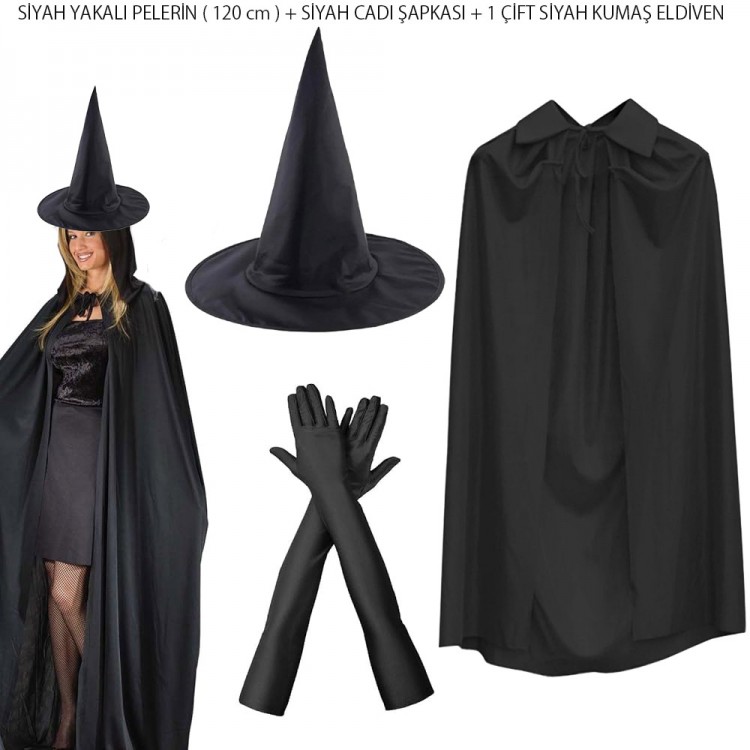 120 cm Black Collar Witch Cloak Witch Hat and 1 Pair of Black Fabric Gloves Set 3 Pieces