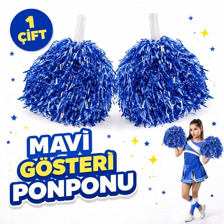 1 Çift ( 2 Adet ) Mavi Renk 23 Nisan 19 Mayıs 29 Ekim Okul Gösteri Ponponları