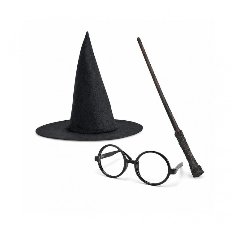Harry Potter Tarzı Çocuk Seti - Siyah Keçe Şapka, Asa, Gözlük