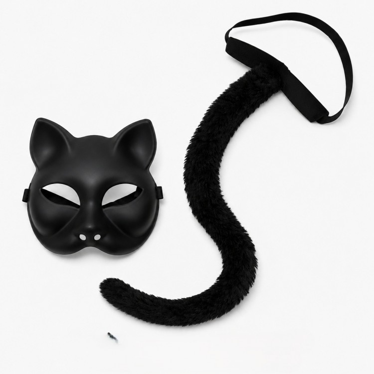 Siyah Kedi Maskesi ve Peluş Kuyruk Kostüm Seti 70 cm