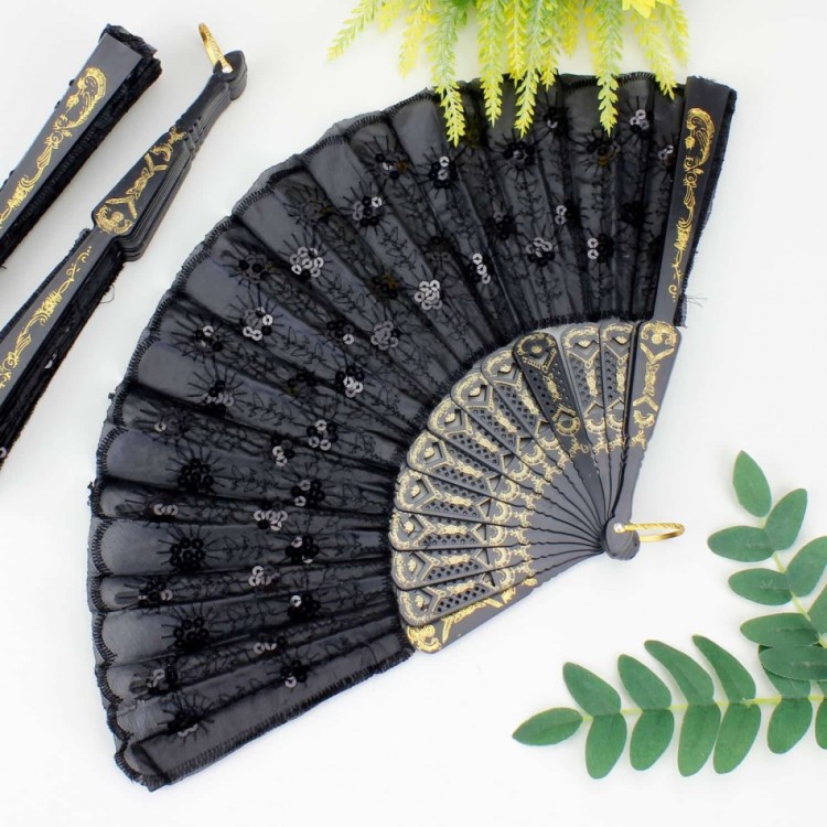 12-Piece Black Plastic Sequin Fabric Fan