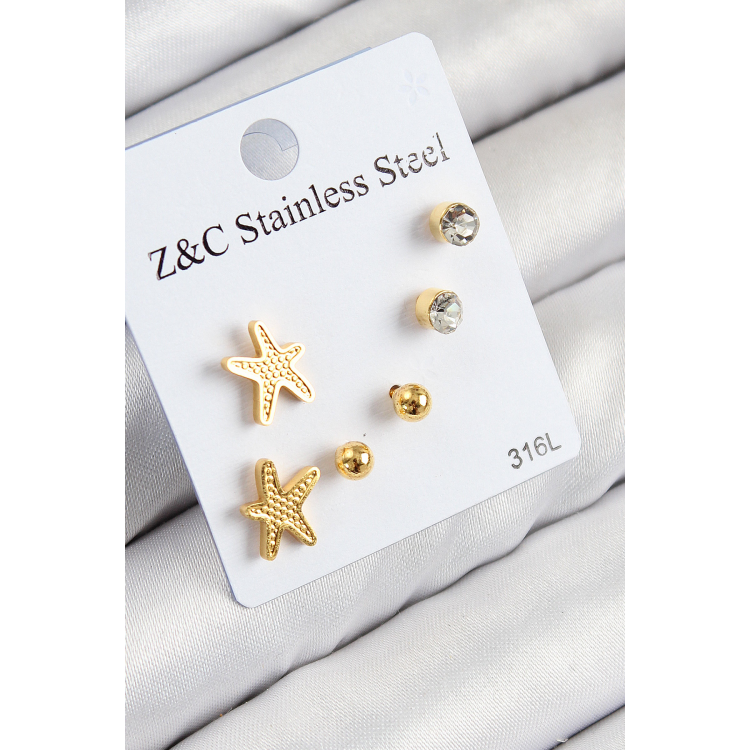 316L Çelik Zirkon Taşlı Deniz Yıldızı Model Gümüş Renk Kadın Set Küpe 5886