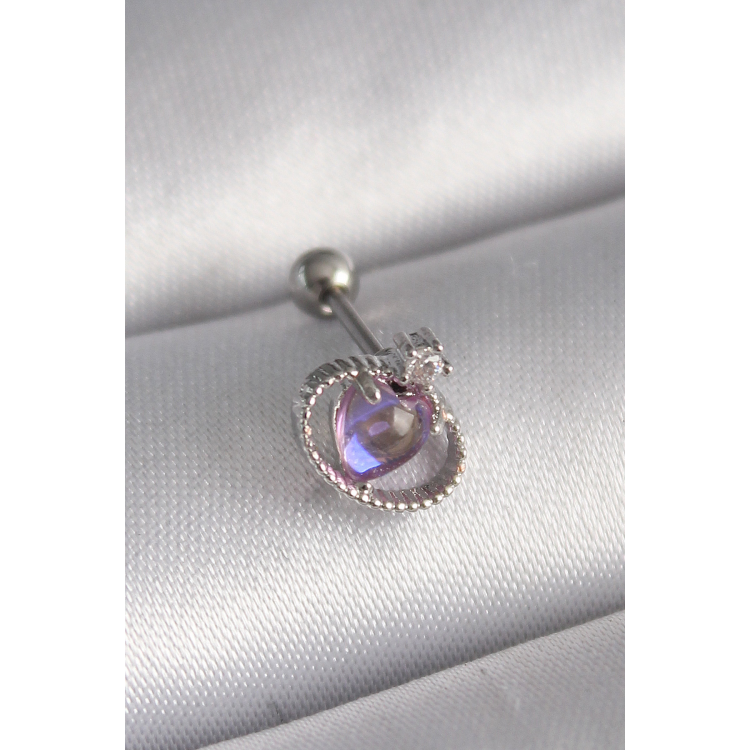 316L Çelik Gümüş Renk Mor Mineli Kalp Zirkon Taş Detay Tragus Piercing 5886
