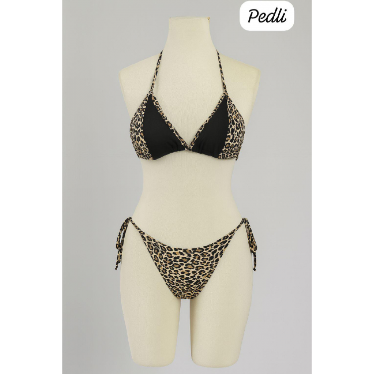 Kadın Siyah ve Leopar Detaylı Yandan Bağlamalı Bikini Takımı