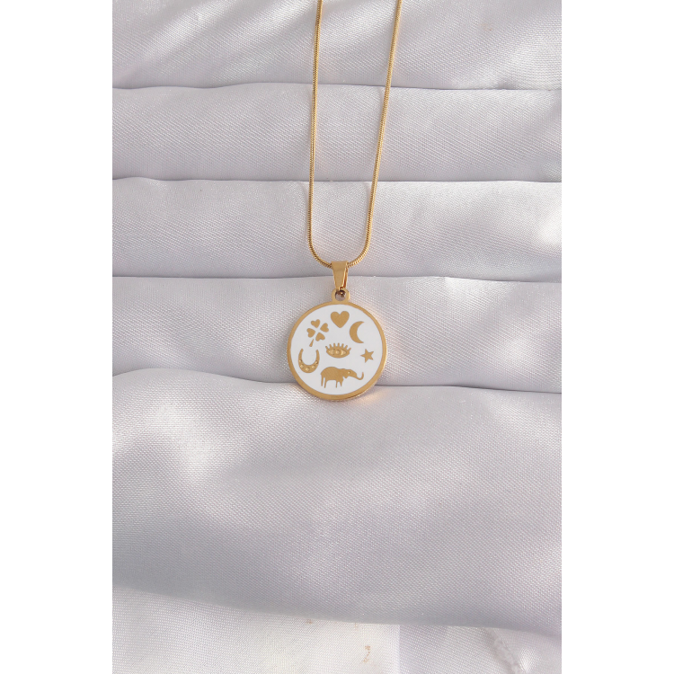 316L Çelik Gold Renk Beyaz Mineli Karışık Figürlü Tarot Kolye 5886