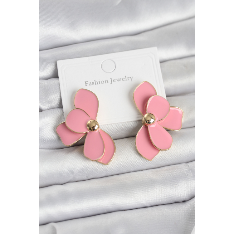 Pembe Mineli Lotus Model Pirinç Kadın Küpe 5886