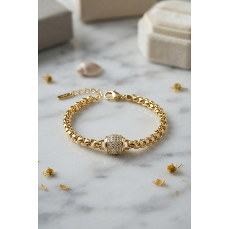 CM Gold Renk Venedik Zincir Detaylı Zirkon Taşlı Kadın Bileklik 5886