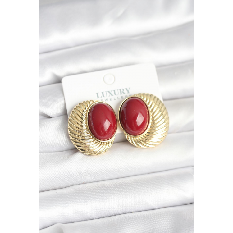 Pirinç Gold Renk Bordo Boncuklu Oval Vintage Kadın Küpe 5886