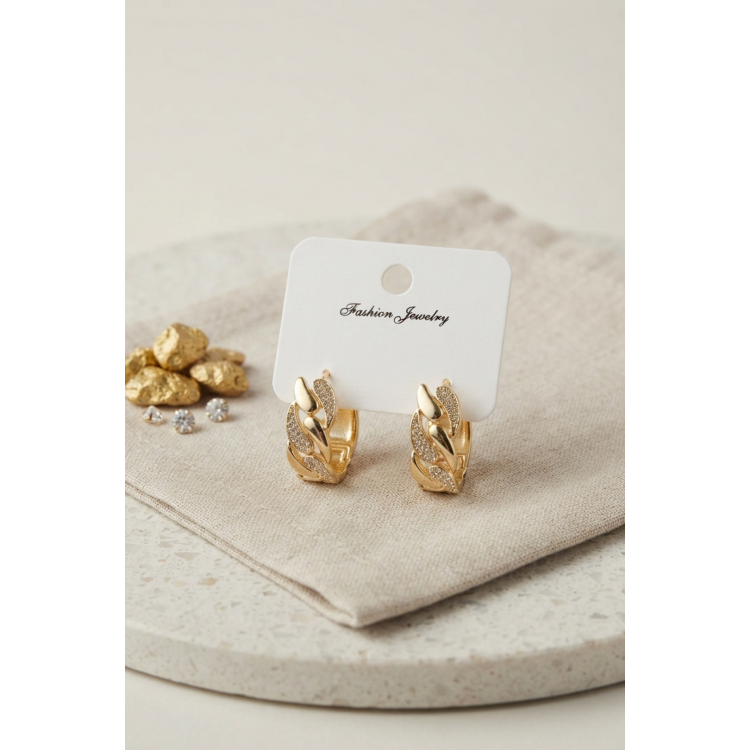 Gold Renk Zirkon Taşlı Sarmal Zincir Model Pirinç Halka Kadın Küpe 5886