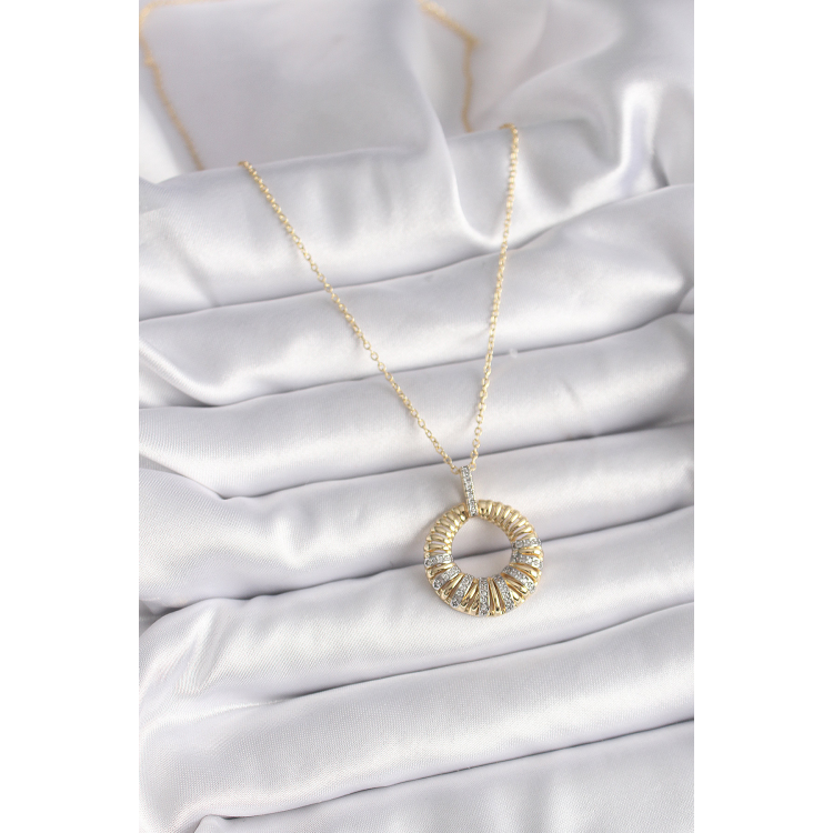 316L Çelik Gold Renk Zincir Gümüş Zirkon Taşlı Daire Model Kadın Kolye 5886