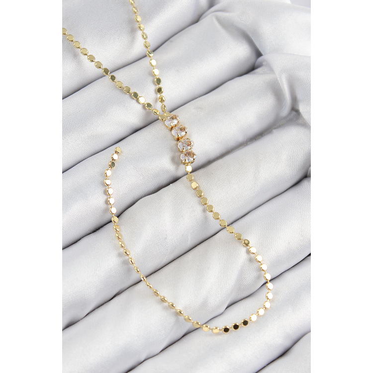 Pirinç Zirkon Taşlı Ezme Zincirli Model Gold Renk Y Kolye 5886