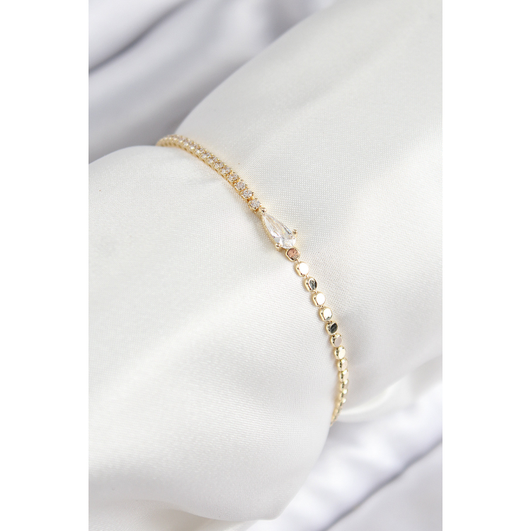 Pirinç Zirkon Taşlı Damla Model Ezme Zincir Gold Renk Kadın Bileklik 5886
