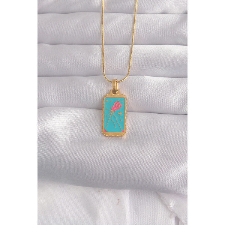 316L Çelik Gold Renk Mavi Mineli Tarot Kolye 5886