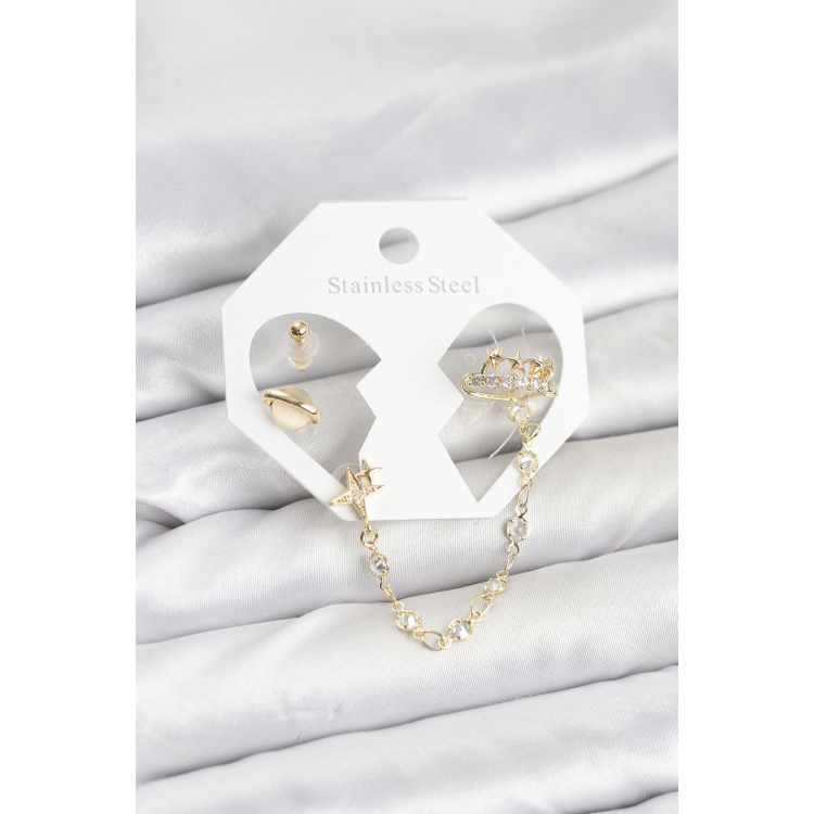 Pirinç Gold Renk Uzay Model Zincir Bağlantılı Ear Cuff Küpe Seti 5886