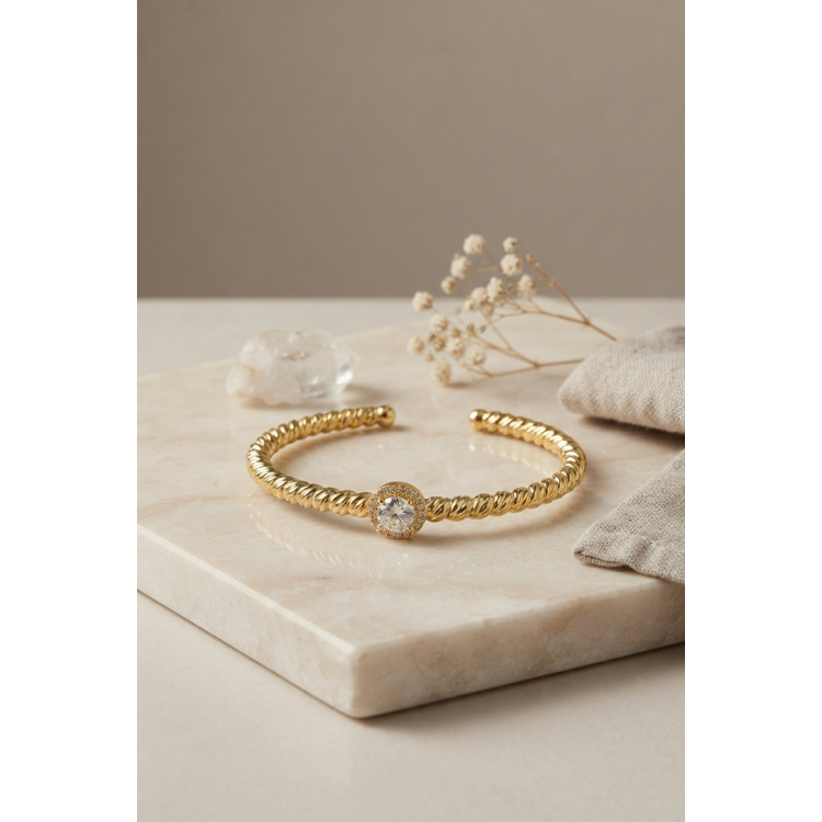 Gold Renk Dorika Model Yuvarlak Zirkon Taşlı Kadın Bileklik 5886