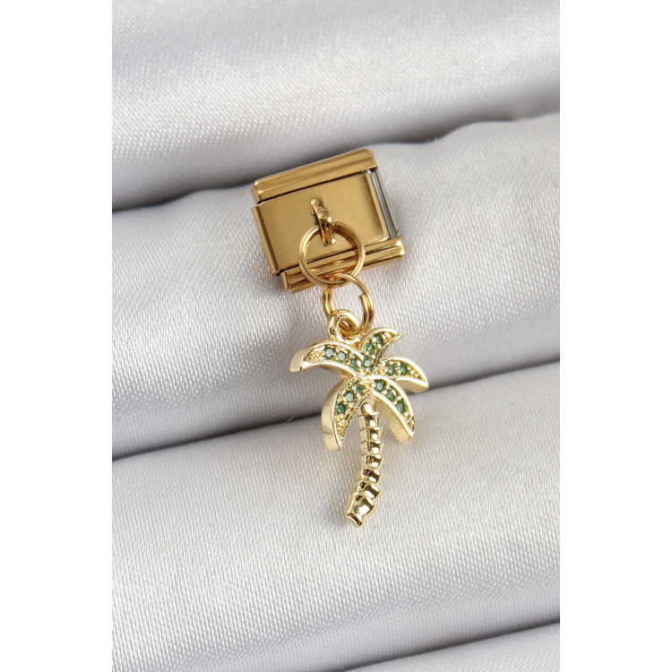 316L Çelik Sallantılı Zirkon Taşlı Palmiye Ağacı Model Gold Renk Nomination Charm 5886