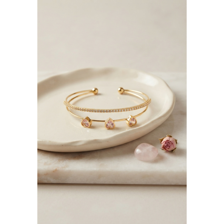 Pembe Kalp Model Zirkon Taşlı Gold Renk Kadın Bileklik 5886