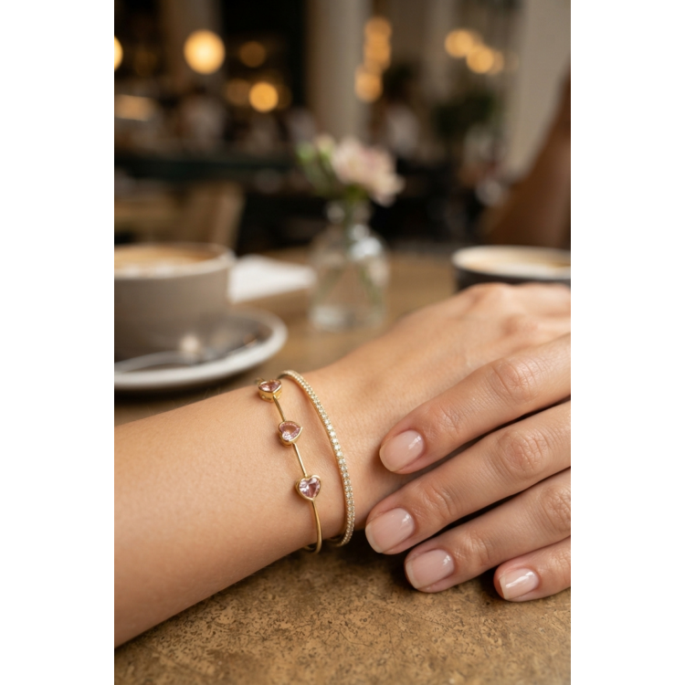 Pembe Kalp Model Zirkon Taşlı Gold Renk Kadın Bileklik 5886