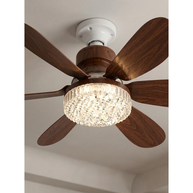 Crystal Aura 52 cm Ultra Sessiz Ahşap Renk LED Tavan Vantilatörü | 3 Kademeli Bakır Motor | Kumandalı Kristal Avize Vantilatör