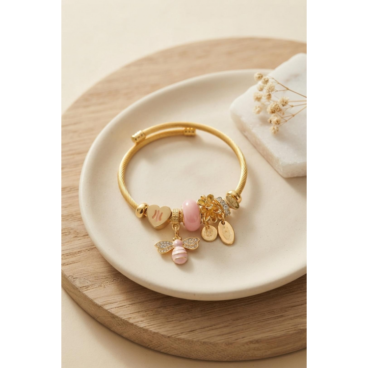 Kalp ve Arı Model Pembe Charmlı Bileklik 5886