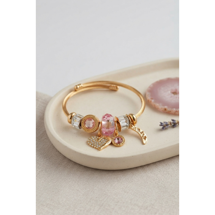 Kalp Model Gold Renk Pembe Charmlı Bileklik 5886