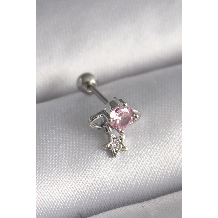 316L Çelik Gümüş Renk Pembe Zirkon Taşlı Sallantı Yıldız Detay Tragus Piercing 5886