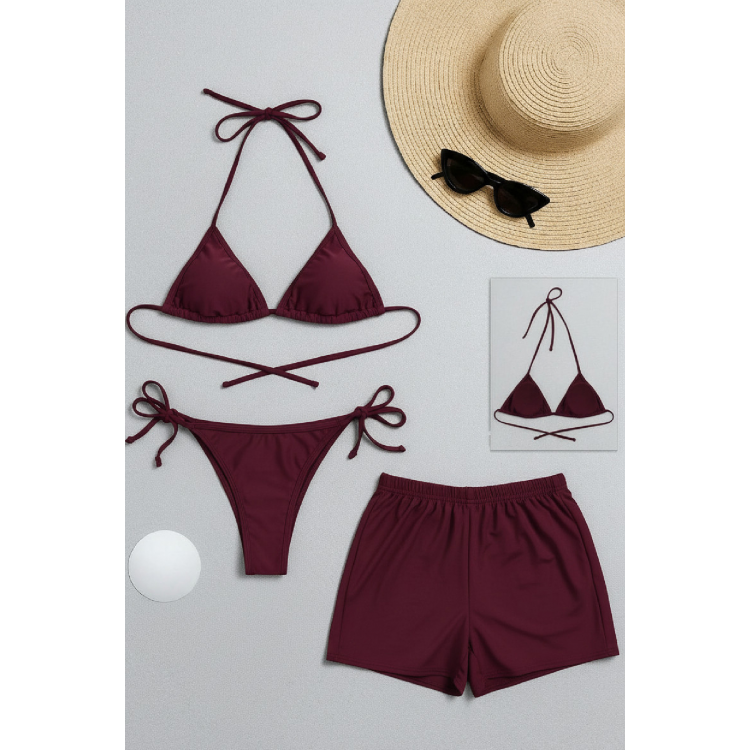 Kadın 3'lü Set Bordo Şortlu ve Yandan Bağlamalı Bikini Mayo Takımı