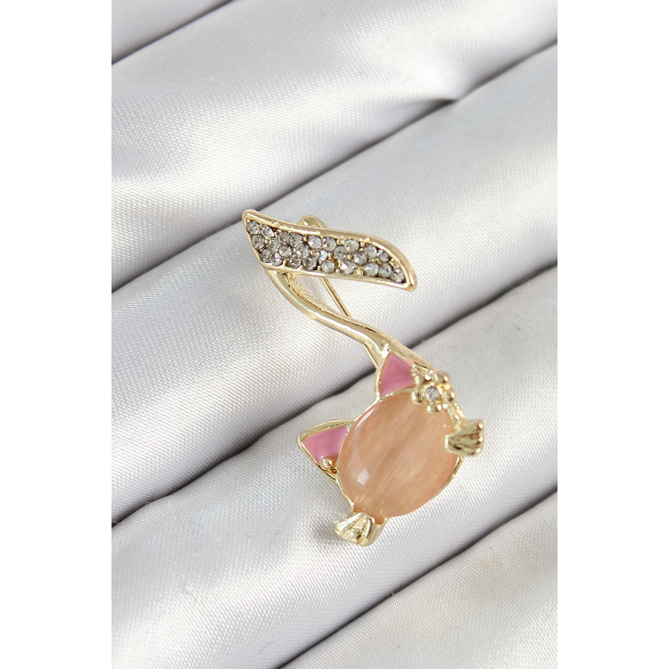 Zirkon Taşlı 3D Kedi Detaylı Nota Figürlü Gold Renk Kadın Broş 5886