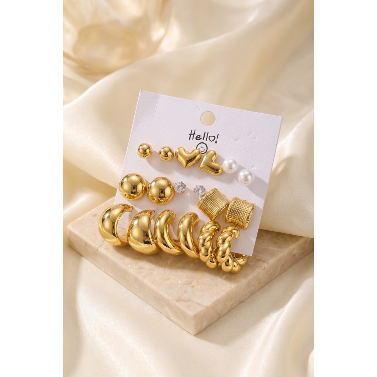 Gold Renk Metalik Kaplamalı Karışık Model Detaylı CCB 9 Çift Küpe Seti 5886