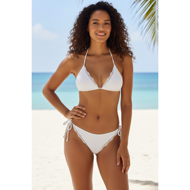 Kadın Beyaz Pedli Bel ve Boyundan Bağlamalı Dantelli Şık Bikini Takımı