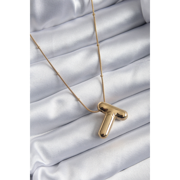 316L Çelik Gold Renk Bubble "T" Harf Model Kadın Kolye 5886