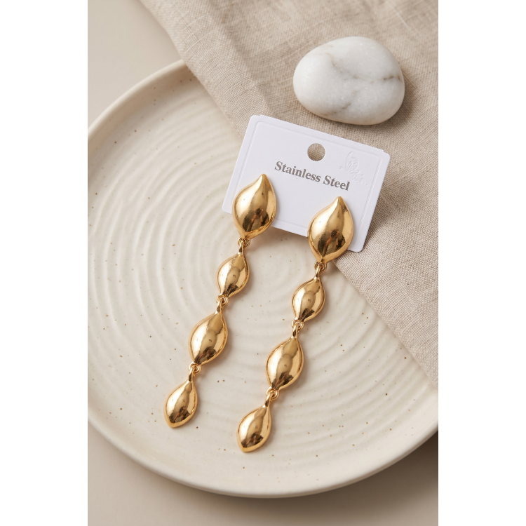 316L Çelik Gold Renk Yaprak Motifli Uzun Tasarım Küpe 5886