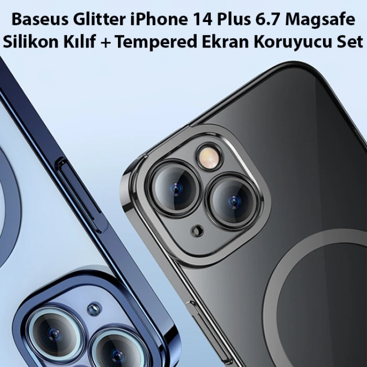 Baseus Glitter iPhone 14 Plus 6.7 Magsafe Silikon Kılıf + Tempered Ekran Koruyucu Set-(5775)
