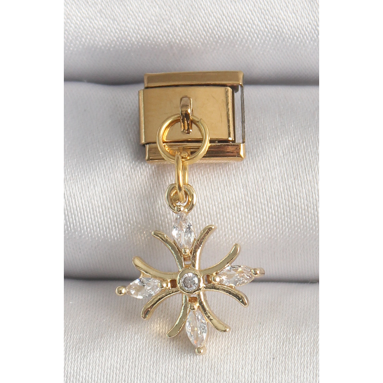316L Çelik Gold Renk Sallantı Zirkon Taşlı Kar Tanesi Model Nomination Charm 5886