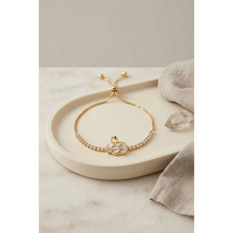 Gold Renk Zirkon Taşlı Pirinç Kuğu Model Asansörlü Bileklik 5886