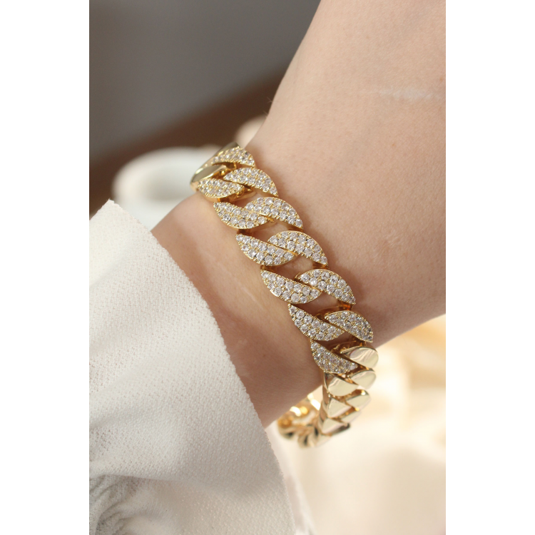 Vip Seri Pirinç Ortası Zirkon Taşlı Gold Renk Gurmet Bileklik 5886