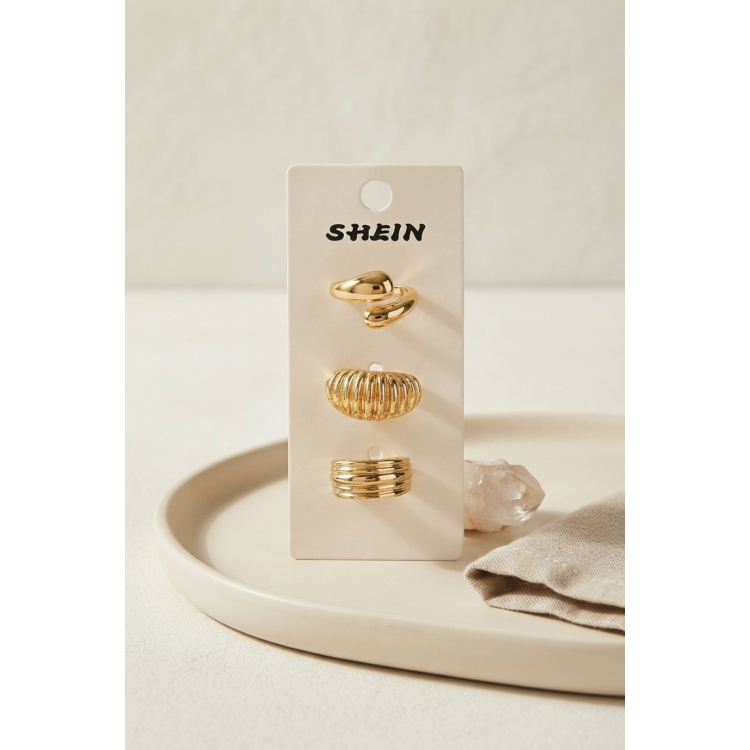Gold Renk Pirinç 3'lü Vintage Kadın Yüzük Kombini BYK4298 5886