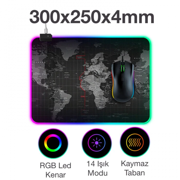 ALLY Dünya Desenli RGB Led Işıklı Oyuncu Mouse Pad 300*250*4MM-(5775)