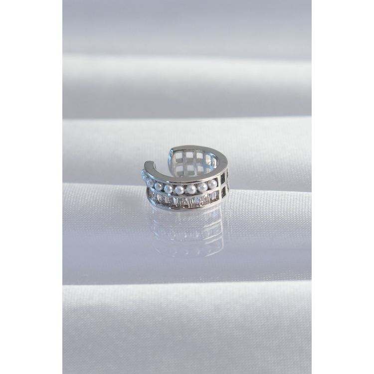 Pirinç Gümüş Renk İncili Baget Taşlı Earcuff Küpe 5886