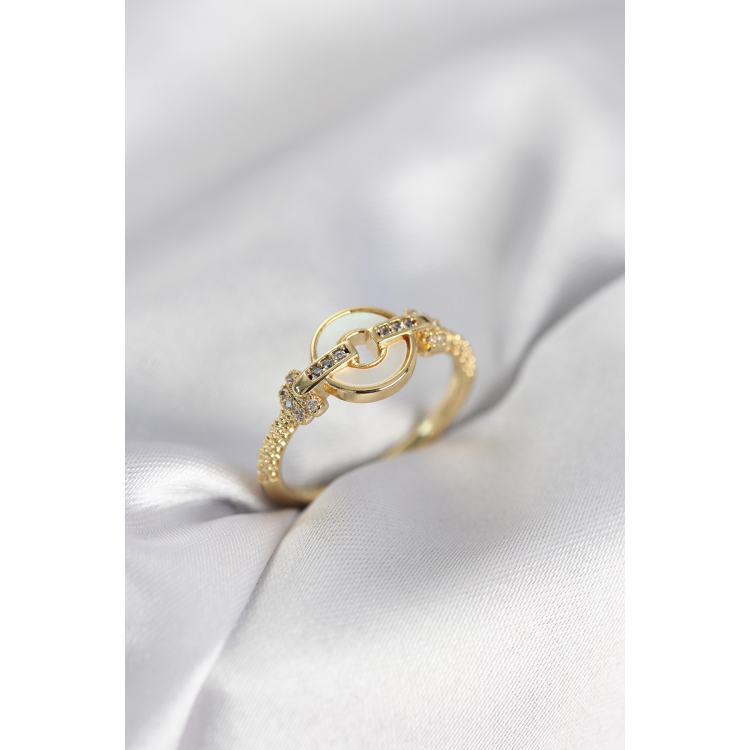Gold Renk Daire Form Sedef ve Zirkon Taşlı Kadın Yüzük 5886
