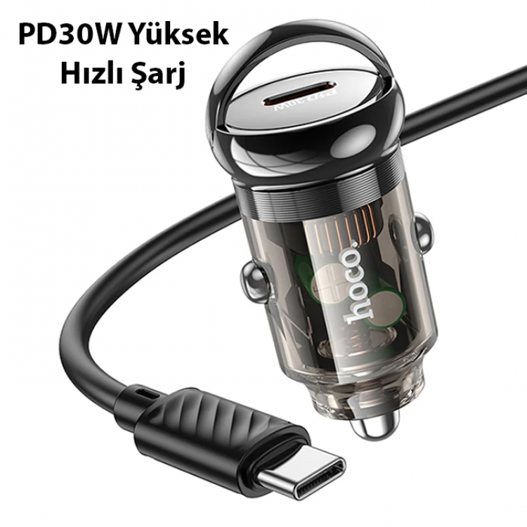 HOCO Z53 Sight Single PD30W Type-C Girişli Araç Çakmaklık Hızlı Şarj Aleti + Type-C to Type-C Kablo-(5775)