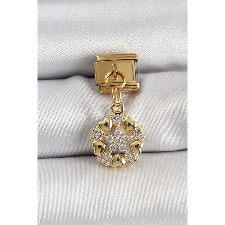 316L Çelik Sallantılı Zirkon Taşlı Kalp Detaylı Yıldz Model Gold Renk Nomination Charm 5886