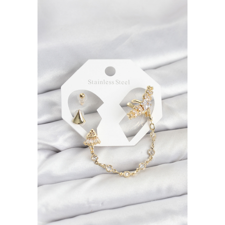 Pirinç Gold Renk Yıldızlı Model Zincir Bağlantılı Ear Cuff Küpe Seti 5886