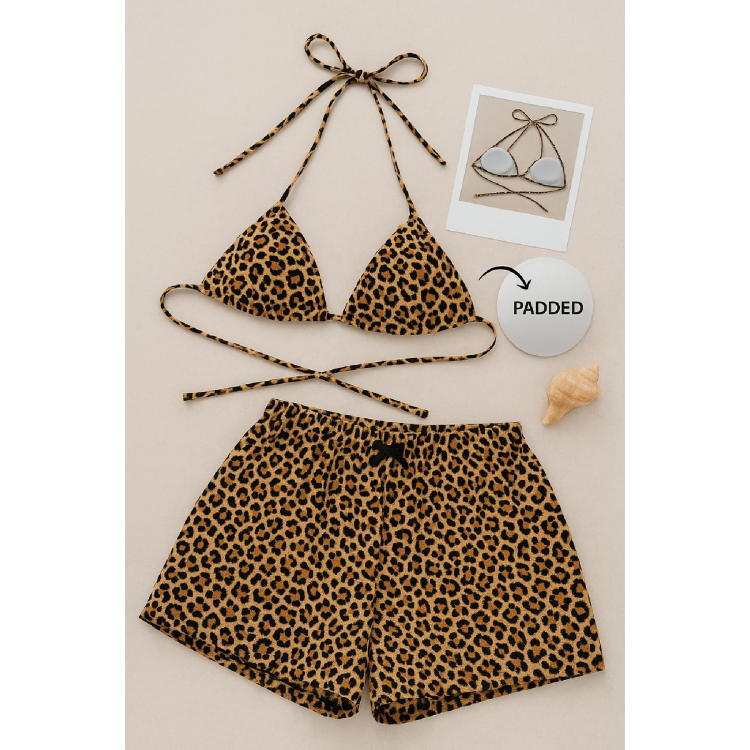 Kadın Leopar Desenli Şortlu Belden ve Boyundan Bağlamalı Bikini Takımı