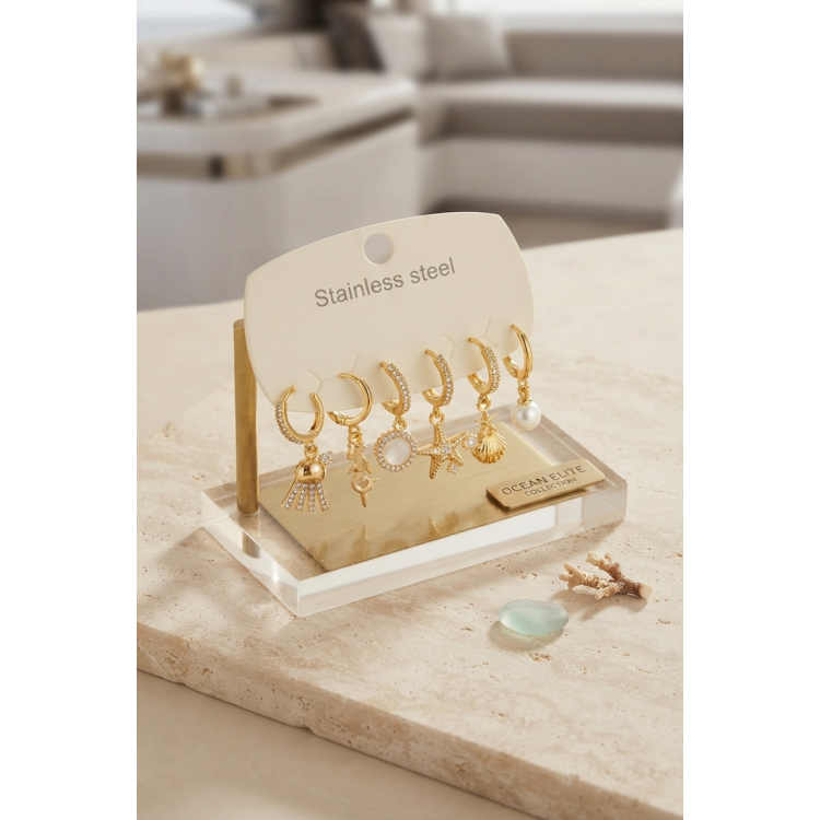 316L Çelik Gold Renk Deniz Konspeti Küpe Seti 5886