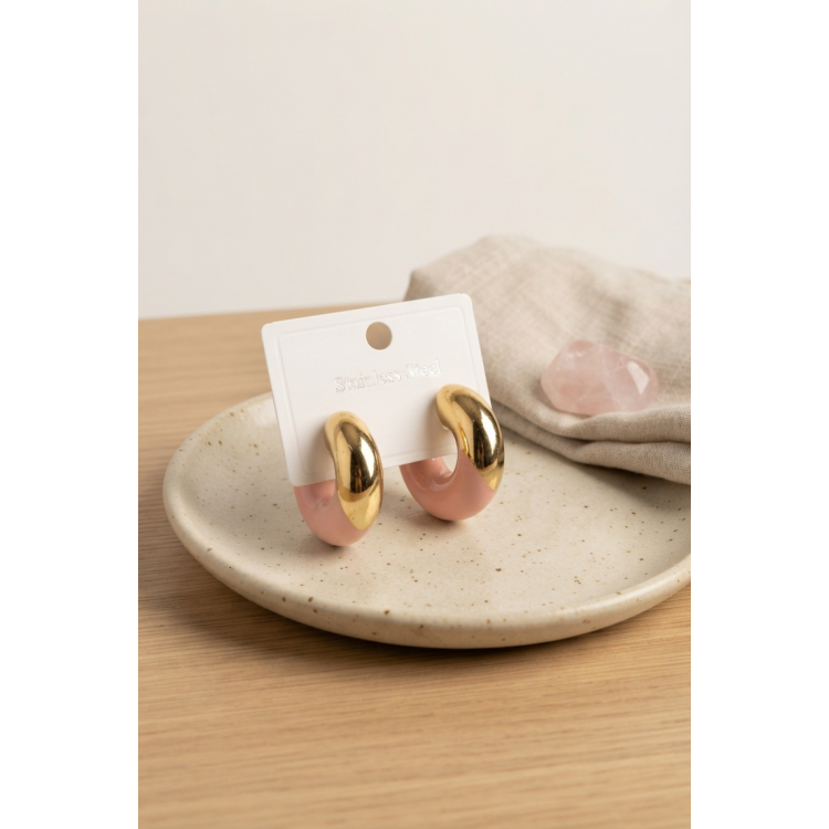 316L Çelik Gold Renk Pembe Halka Model Kadın Küpe 5886