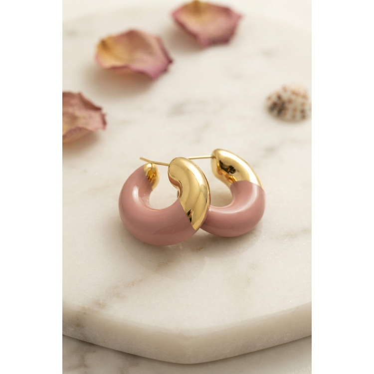 316L Çelik Gold Renk Pembe Halka Model Kadın Küpe 5886