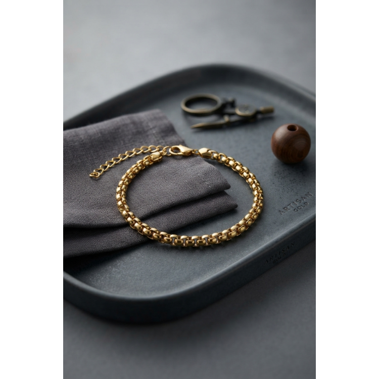 316L Çelik Gold Renk Box Zincir Model Erkek Bileklik 5886