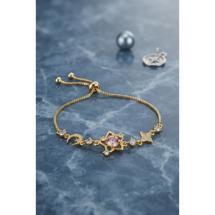 Pembe Taşlı Yıldız Model Gold Renk Zirkon Taşlı Asansörlü Bileklik 5886