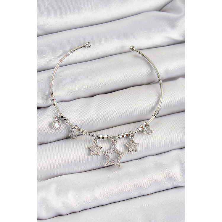 Pirinç Zirkon Taşlı Yıldız Model Gümüş Renk Charm Bileklik 5886